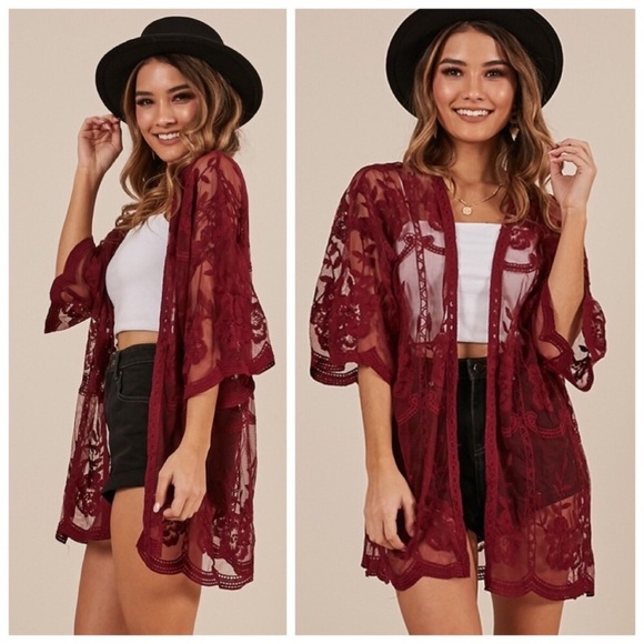 Tops - 🖤Host Pick🖤 Maroon Sheer Lace Floral Kimono
